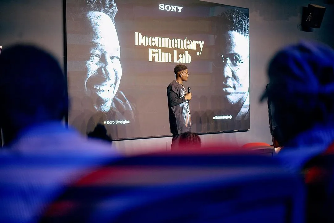 Itegboje Daniel speaking at a documentary film lab hosted by Sony Alpha at Edo Creative Hub, Benin City, Nigeria
