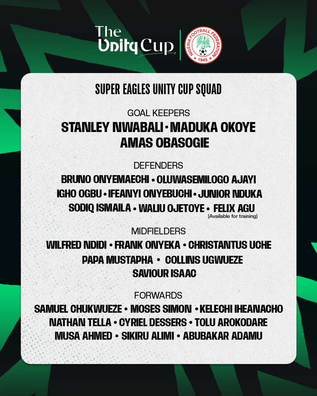 Nigeria's squad for the Unity Cup